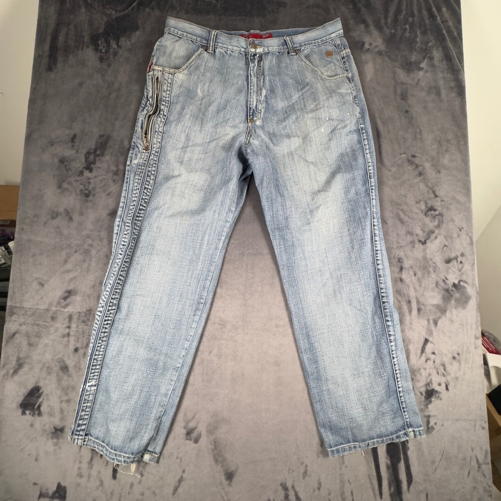 Ecko Unltd Jeans Mens 40 Blue Baggy Y2K Zip Pocket Light Wash Relaxed Fit